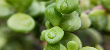close up of succulent plant with water droplets on green backgroundの写真素材