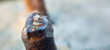 Close-up of a rusty bolt on a metal surface. Selective focus.の写真素材