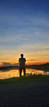 Silhouette of a man watching the sunset at the rice fieldの写真素材