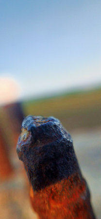 close up of a rusty bolt in the middle of a field.の写真素材