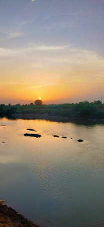 Sunset over the river, Kolkata, West Bengal, Indiaの写真素材