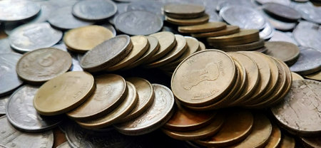 Coins of Thailand. Coins on the table. Money background.