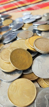 Thai Baht coins background, Thailand. (Selective focus)