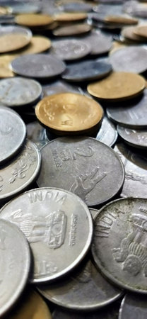 Coins on the table. Selective focus.