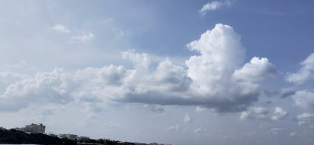 Beautiful clouds in the blue sky over the city, panoramaの写真素材