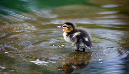 Mallard duckling setting off to explore the local pondの写真素材
