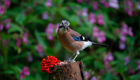 Jay (Garrulus glandarius) perched on a tree stumpの写真素材
