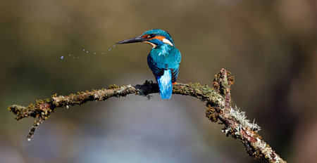 Male kingfisher fishing on a mossy branchの写真素材