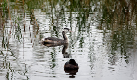 Great crested grebe (Podiceps cristatus) with a chick