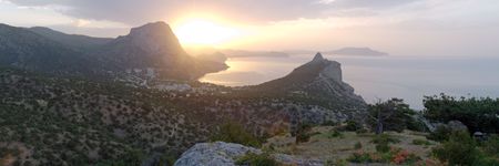 Daybreak coastline landscape of Novyj Svit reserve (Crimea, Ukraine). Three shot composite picture.