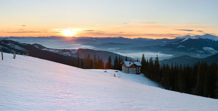 Mountain ridge sunrise panorama view  (Drahobrat Ski Resort, Yasenja village, Zacarpatsjka Region, Carpathian Mt's, Ukraine). Seven shots stitch image.の写真素材