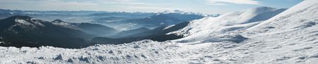 Mountain morning panorama with haze in dale (Drahobrat Ski Resort, Yasenja village, Zacarpatsjka...