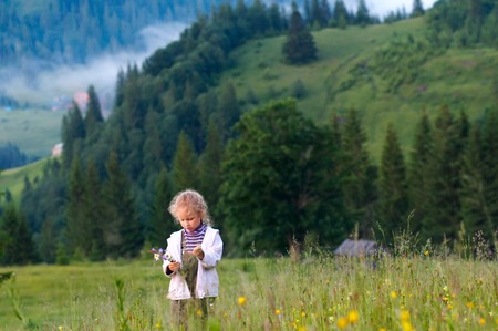 Small girl gather field flowers on mountainsideの写真素材