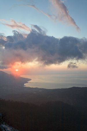 Daybreak coastline landscape from Aj-Petri Mountain top (Crimea, Ukraine) and view on Jalta City.の写真素材