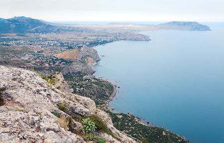View on summer rocky coastline of "Sudak" Town (Crimea, Ukraine)の写真素材