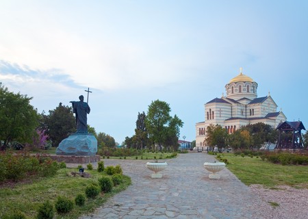 Evening St Vladimir's Cathedral church  (Chersonesos- ancient town, Sevastopol, Crimea, Ukraine)の写真素材