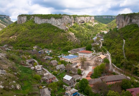 Spring cloudy view of Bakhchisaraj town  (Chufut Kale, Crimea, Ukraine)の写真素材