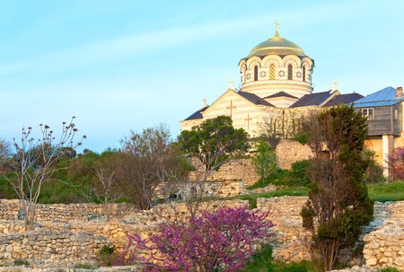 Evening St Vladimir's Cathedral church  (Chersonesos- ancient town, Sevastopol, Crimea, Ukraine)の写真素材
