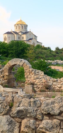 Evening Chersonesos (ancient town) and St Vladimir's Cathedral (Sevastopol, Crimea, Ukraine)の写真素材