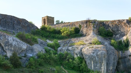Small stony bower on rock near ancient cave settlement Eski-Kermen (Crimea, Ukraine).の写真素材