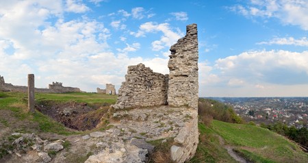 Summer view of ancient castle ruins ( Kremenets city , Ternopil Region, Ukraine). Built in 12th century. Four shots stitch image.の写真素材