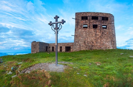 Summer sunrise observatory ruins view on Pip Ivan mountain top with christianity cross near (Chornogora Ridge, Carpathian, Ukraine).の写真素材