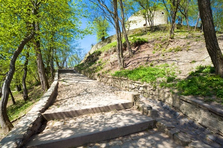 Spring view of Terebovlia castle  ruins (Ternopil Oblast, Ukraine). Built in 1366.の写真素材