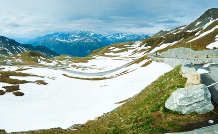 Summer (June) Alps mountain panorama (view from Grossglockner High Alpine Road). Three shots stitch image.の写真素材