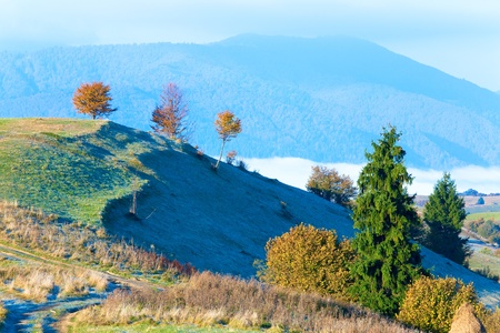 Autumn misty morning mountain hill (Carpathian , Ukraine).の写真素材