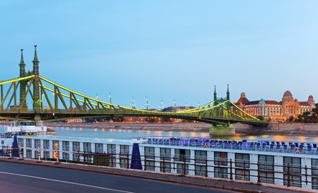 Budapest night view. Long exposure. Hungarian landmarks, Freedom Bridge and Gellert Hotel Palace.のeditorial素材
