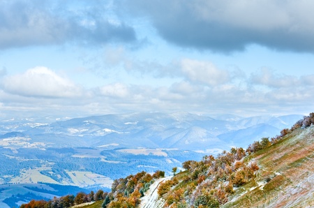 October Carpathian mountain Borghava plateau with first winter snow and autumn colorful foliage