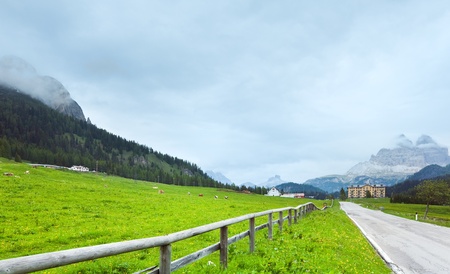 Tranquil summer Italian dolomites mountain view (way to Misurina lake and Rifugio Auronzo mount)の写真素材
