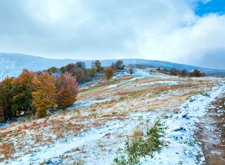 October Carpathian mountain plateau with first winter snow and autumn colorful treesの写真素材