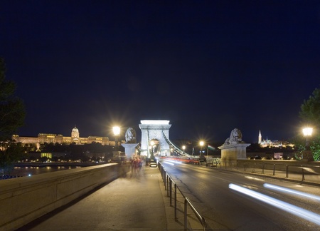 Hungarian landmark, Budapest Chain Bridge night view. Long exposure shot and all peoples unrecognizedのeditorial素材