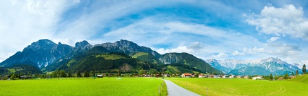 Alps mountain meadow tranquil summer view (Austria, Gosau village outskirts). Three shots stitch image.の写真素材