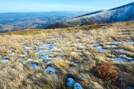October Carpathian mountain Borghava plateau with first winter snowの写真素材