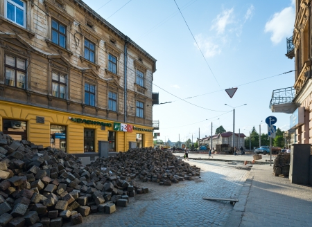 LVIV, UKRAINE - MAY 05:  Renovation of a Gorodotsjka Street before Euro 2012  in May 05th 2012 in Lviv, Ukraineのeditorial素材