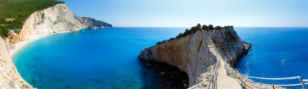 Beautiful summer Porto Katsiki beach panorama with white sand on Ionian Sea (Lefkada, Greece). Three shots composite picture.の写真素材