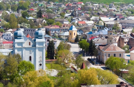Spring view of Terebovlya town from  fortress ruins (Ternopil Oblast, Ukraine).の写真素材