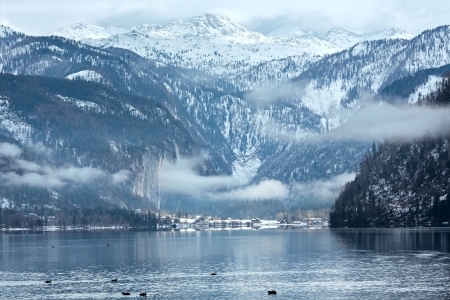 Cloudy winter Alpine  lake Grundlsee view (Austria)の写真素材