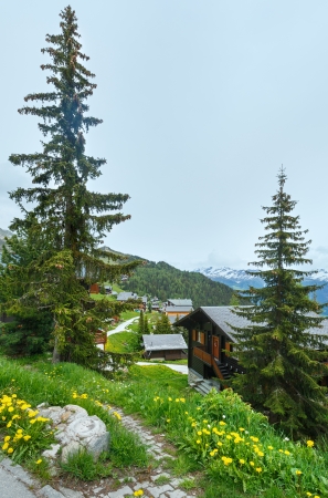 Mountain Bettmeralp village summer cloudy view (Switzerland)の写真素材