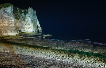 One of the three famous white cliffs known as the Falaise de Aval. Etretat, France. Night scene. March 2014.の写真素材
