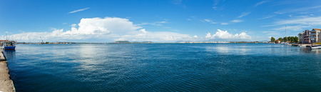 Summer sea view from beach with yachts (near Mytikas, Preveza, Greece). Panorama.の写真素材