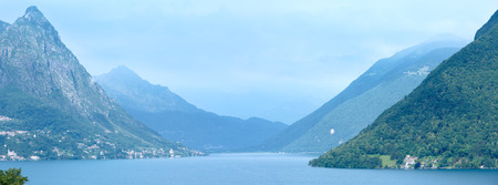 Lake Lugano on the border between southern Switzerland and northern Italy. Summer. Panorama.の写真素材
