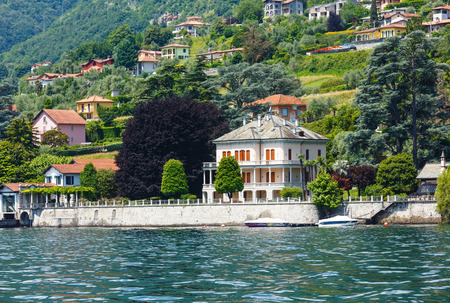 Lake Como (Italy) shore summer  view from ship boardの写真素材