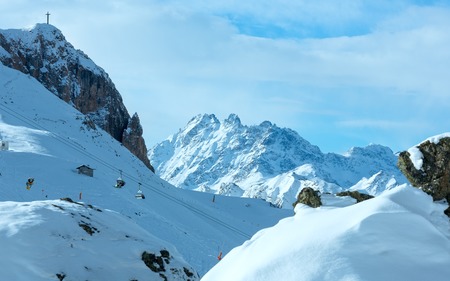 Morning winter Silvretta Alps landscape. Ski resort Silvrettaseilbahn AG Ischgl, Tyrol, Austria. All people are unrecognizable.の写真素材
