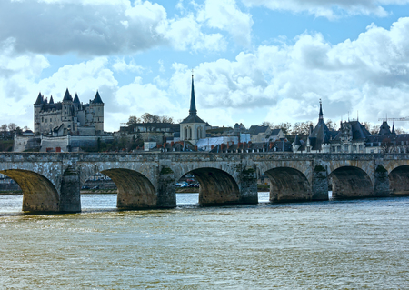 View of the Saumur castle from the other side of the river Loire, France. Constructed in the 10th century, was rebuilt in the later 12th century.のeditorial素材