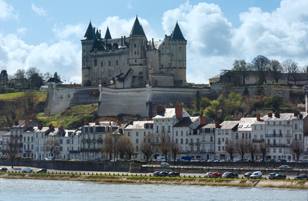View of the Saumur castle from the other side of the river Loire, France. Constructed in the 10th century, was rebuilt in the later 12th century.のeditorial素材