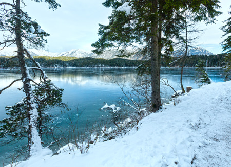 Eibsee lake winter morning view, Bavaria, Germany.の写真素材