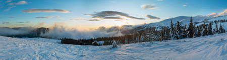 Morning winter mountain landscape with clouds, sun and fir trees on slope (Carpathian).の写真素材